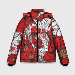 Куртка зимняя для мальчика Цветы на алом фоне, цвет: 3D-светло-серый