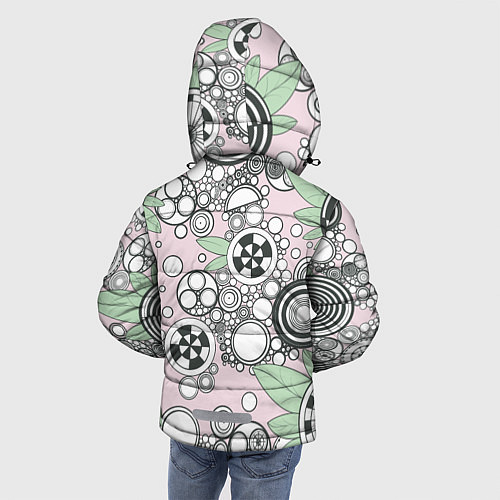 Зимняя куртка для мальчика Абстрактные черно-белые круги в зелёных листьях / 3D-Светло-серый – фото 4