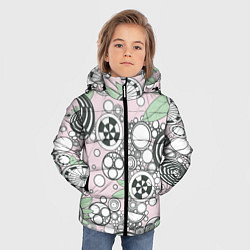 Куртка зимняя для мальчика Абстрактные черно-белые круги в зелёных листьях, цвет: 3D-светло-серый — фото 2