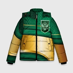 Куртка зимняя для мальчика Герб России на зеленой абстракции, цвет: 3D-светло-серый