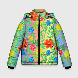 Куртка зимняя для мальчика Яркий цветочный узор на радужном фоне, цвет: 3D-светло-серый