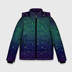 Куртка зимняя для мальчика Неоновые зеленые и сиреневые звезды на темно зелен, цвет: 3D-светло-серый
