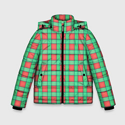 Куртка зимняя для мальчика Клетчатый зелено -оранжевый паттерн, цвет: 3D-светло-серый