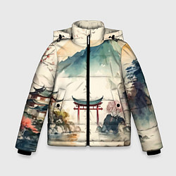 Куртка зимняя для мальчика Японский пейзаж - акварель, цвет: 3D-черный