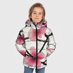 Куртка зимняя для мальчика Цветы и ветви японской сакуры - текстура холста, цвет: 3D-светло-серый — фото 2