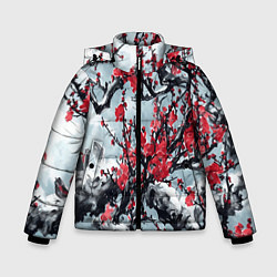 Куртка зимняя для мальчика Лепестки цветущей вишни - сакура, цвет: 3D-черный