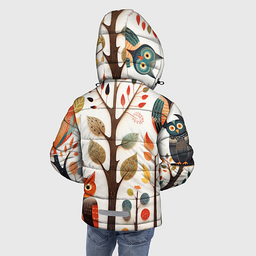 Зимняя куртка для мальчика Совы в осеннем лесу в стиле фолк-арт / 3D-Светло-серый – фото 4