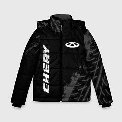 Куртка зимняя для мальчика Chery speed на темном фоне со следами шин вертикал, цвет: 3D-черный