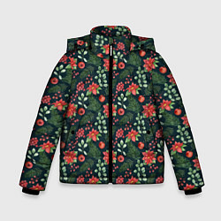 Куртка зимняя для мальчика Новогодние цветы, цвет: 3D-черный