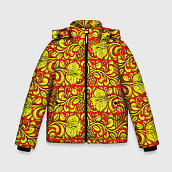 Куртка зимняя для мальчика Хохломская роспись золотистые цветы и ягоды на кра, цвет: 3D-светло-серый