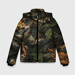 Куртка зимняя для мальчика Реалистичный охотничий камуфляж из ткани и листьев, цвет: 3D-черный