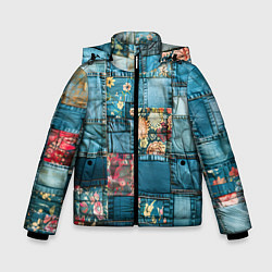 Куртка зимняя для мальчика Джинсовые лоскуты с цветочками, цвет: 3D-светло-серый
