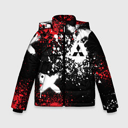 Куртка зимняя для мальчика Митсубиси на фоне граффити и брызг красок, цвет: 3D-черный