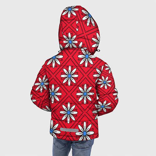Зимняя куртка для мальчика Белые цветы в ромбах на красном / 3D-Светло-серый – фото 4