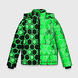 Куртка зимняя для мальчика Техно-киберпанк шестиугольники зелёный и чёрный с, цвет: 3D-светло-серый