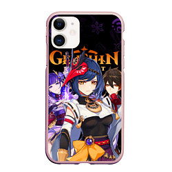 Чехол iPhone 11 матовый Genshin Impact: Сара, Чжун Ли, Сёгун Райдэн, цвет: 3D-светло-розовый