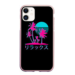 Чехол iPhone 11 матовый Неоновые пальмы Иероглифы Neon Palm Tree, цвет: 3D-светло-розовый