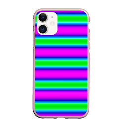 Чехол iPhone 11 матовый Зеленый и фиолетовые яркие неоновые полосы striped, цвет: 3D-светло-розовый