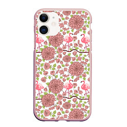 Чехол iPhone 11 матовый Фламинго и лотосы, цвет: 3D-светло-розовый