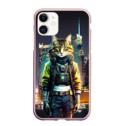Чехол iPhone 11 матовый Cool cat in New York city at night, цвет: 3D-светло-розовый