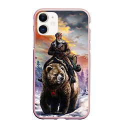 Чехол iPhone 11 матовый Красноармеец на медведе, цвет: 3D-светло-розовый