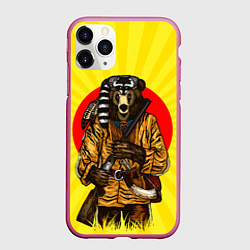 Чехол iPhone 11 Pro матовый Медведь охотник, цвет: 3D-малиновый