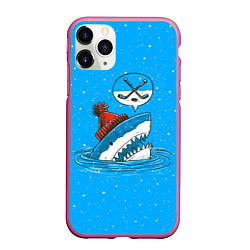 Чехол iPhone 11 Pro матовый Акула хоккейный фанат, цвет: 3D-малиновый