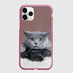 Чехол iPhone 11 Pro матовый Котик фотограф, цвет: 3D-малиновый