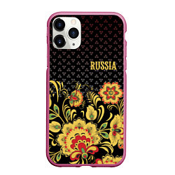Чехол iPhone 11 Pro матовый Russia: black edition, цвет: 3D-малиновый