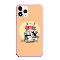 Чехол iPhone 11 Pro матовый Raccoon Love Coffee, цвет: 3D-розовый