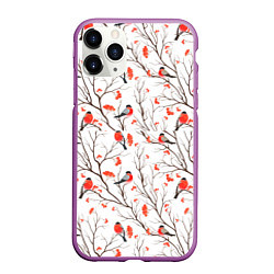 Чехол iPhone 11 Pro матовый Снегири в зимнем лесу, цвет: 3D-фиолетовый