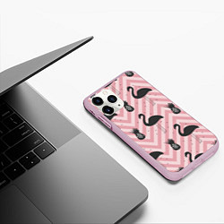 Чехол iPhone 11 Pro матовый Черный фламинго арт, цвет: 3D-розовый — фото 2