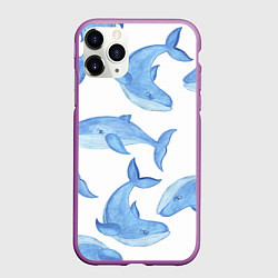 Чехол iPhone 11 Pro матовый Косяк китов, цвет: 3D-фиолетовый