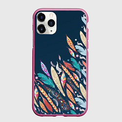 Чехол iPhone 11 Pro матовый Перья, цвет: 3D-малиновый