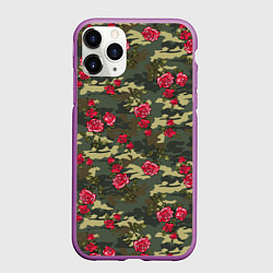 Чехол iPhone 11 Pro матовый Камуфляж и розы, цвет: 3D-фиолетовый