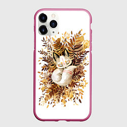 Чехол iPhone 11 Pro матовый Лисичка спит в листьях, цвет: 3D-малиновый