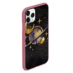 Чехол iPhone 11 Pro матовый Сатурн, луна, спутник и звезды, цвет: 3D-малиновый — фото 2