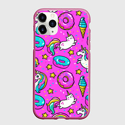 Чехол iPhone 11 Pro матовый Единороги с пончиками, цвет: 3D-малиновый