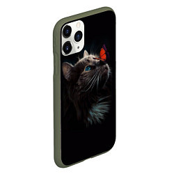 Чехол iPhone 11 Pro матовый Котик и бабочка, цвет: 3D-темно-зеленый — фото 2