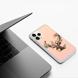 Чехол iPhone 11 Pro матовый Олень рога цветы, цвет: 3D-белый — фото 2