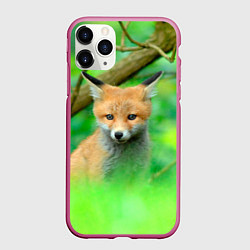 Чехол iPhone 11 Pro матовый Лисенок в зеленом лесу, цвет: 3D-малиновый