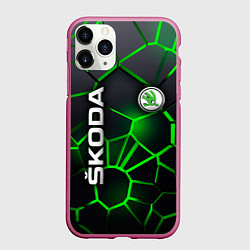 Чехол iPhone 11 Pro матовый 3D плиты с подсветкой Шкода, цвет: 3D-малиновый