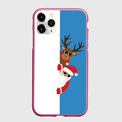 Чехол iPhone 11 Pro матовый Крутые Санта и Олень, цвет: 3D-малиновый