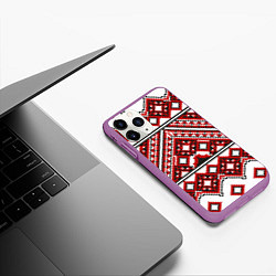 Чехол iPhone 11 Pro матовый Русский узор, геометрическая вышивка, цвет: 3D-фиолетовый — фото 2