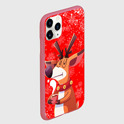 Чехол iPhone 11 Pro матовый НОВОГОДНИЙ ОЛЕНЬ И ЧАШКА КОФЕ, цвет: 3D-малиновый — фото 2