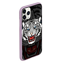 Чехол iPhone 11 Pro матовый ЧЁРНЫЙ ТИГР BLACK TIGER УЗОР, цвет: 3D-сиреневый — фото 2