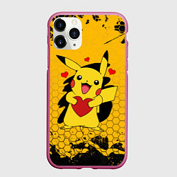 Чехол iPhone 11 Pro матовый ПОКЕМОНЫ, ПИКАЧУ ДЕРЖИТ СЕРДЦЕ, цвет: 3D-малиновый