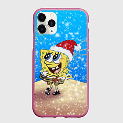 Чехол iPhone 11 Pro матовый НОВОГОДНИЙ ГУБКА БОБ КВАДРАТНЫЕ ШТАНЫ, цвет: 3D-малиновый