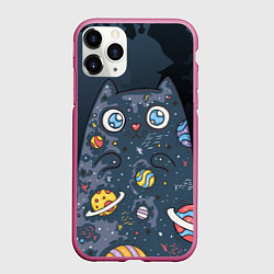 Чехол iPhone 11 Pro матовый Космический кот в планетах, цвет: 3D-малиновый