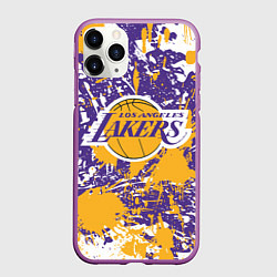 Чехол iPhone 11 Pro матовый LAKERS ФИРМЕННЫЕ ЦВЕТА БРЫЗГИ КРАСОК LA, цвет: 3D-фиолетовый